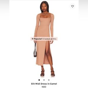 Nbd nwot xs nude midi slit dress in camel